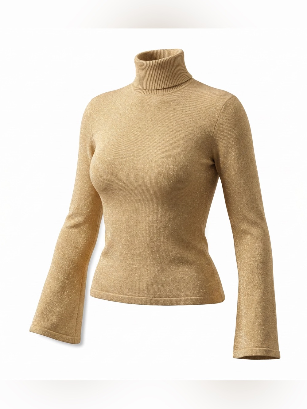 NWT CHASER Tan & Metallic Gold Turtleneck Sweater Long Flare Sleeves, Small